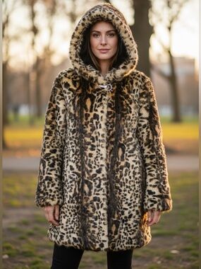 Pamela McCoy Animal Print Leopard Teddy Faux Fur Jacket Cape with Hood Sz XL